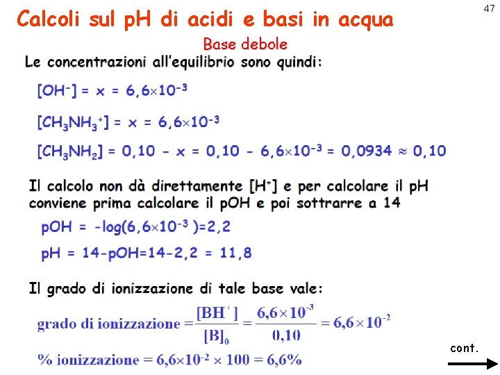 Calcoli sul p. H di acidi e basi in acqua 47 Base debole cont.
