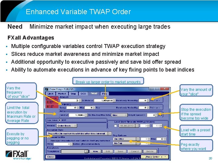 Enhanced Variable TWAP Order Need Minimize market impact when executing large trades FXall Advantages