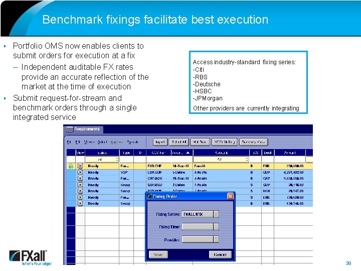 Benchmark fixings facilitate best execution § § Portfolio OMS now enables clients to submit