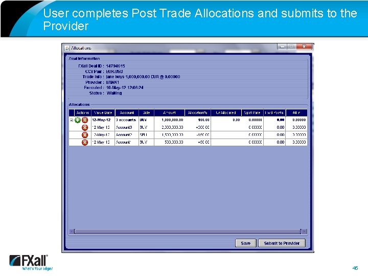 User completes Post Trade Allocations and submits to the Provider 45 