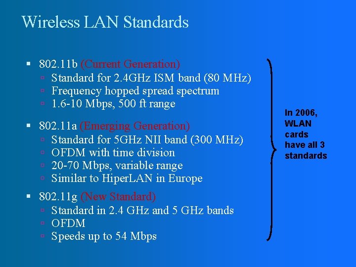 Wireless LAN Standards 802. 11 b (Current Generation) Standard for 2. 4 GHz ISM