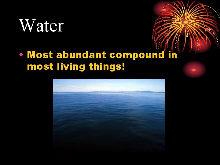 Water • Most abundant compound in most living things! 