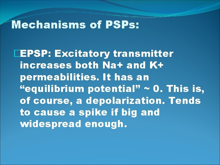 Mechanisms of PSPs: �EPSP: Excitatory transmitter increases both Na+ and K+ permeabilities. It has