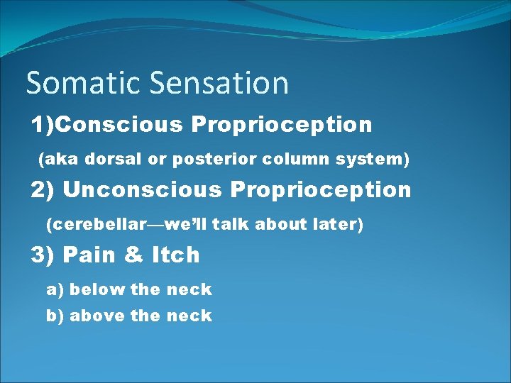 Somatic Sensation 1)Conscious Proprioception (aka dorsal or posterior column system) 2) Unconscious Proprioception (cerebellar—we’ll