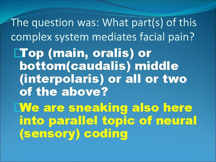 The question was: What part(s) of this complex system mediates facial pain? �Top (main,