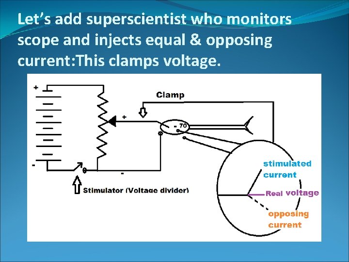 Let’s add superscientist who monitors scope and injects equal & opposing current: This clamps