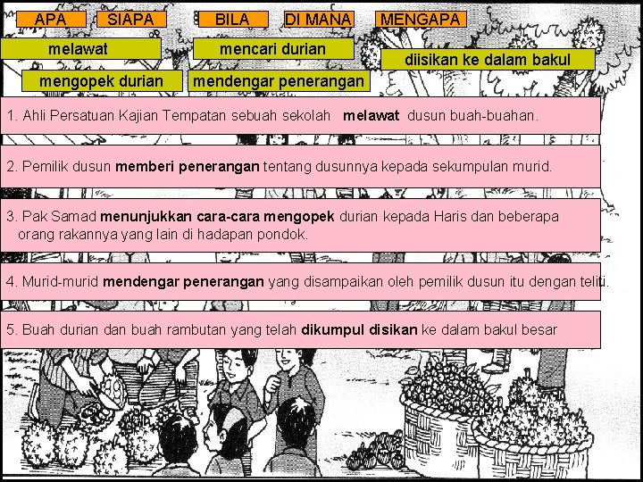 APA SIAPA melawat mengopek durian BILA DI MANA mencari durian MENGAPA diisikan ke dalam