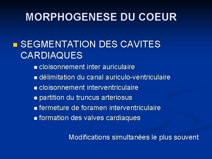 MORPHOGENESE DU COEUR n SEGMENTATION DES CAVITES CARDIAQUES n cloisonnement inter auriculaire n délimitation