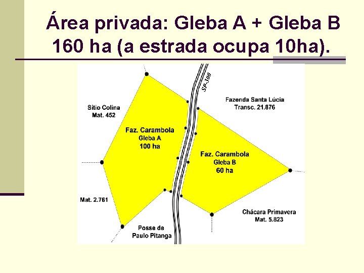  Área privada: Gleba A + Gleba B 160 ha (a estrada ocupa 10