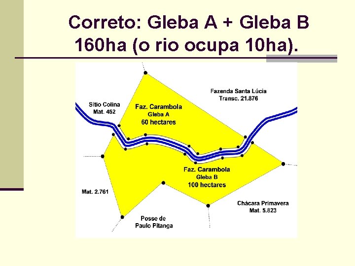  Correto: Gleba A + Gleba B 160 ha (o rio ocupa 10 ha).