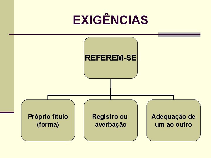 EXIGÊNCIAS REFEREM-SE Próprio título (forma) Registro ou averbação Adequação de um ao outro 