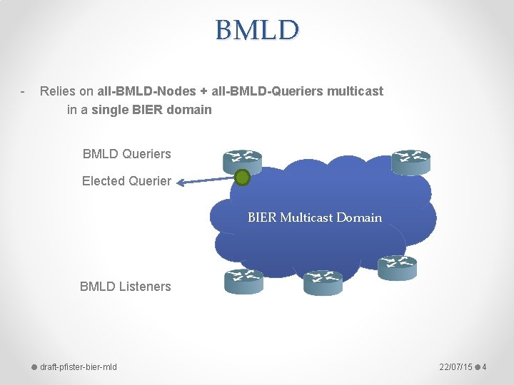 BMLD - Relies on all-BMLD-Nodes + all-BMLD-Queriers multicast in a single BIER domain BMLD