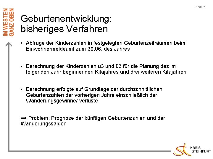 Seite 2 Geburtenentwicklung: bisheriges Verfahren • Abfrage der Kinderzahlen in festgelegten Geburtenzeiträumen beim Einwohnermeldeamt