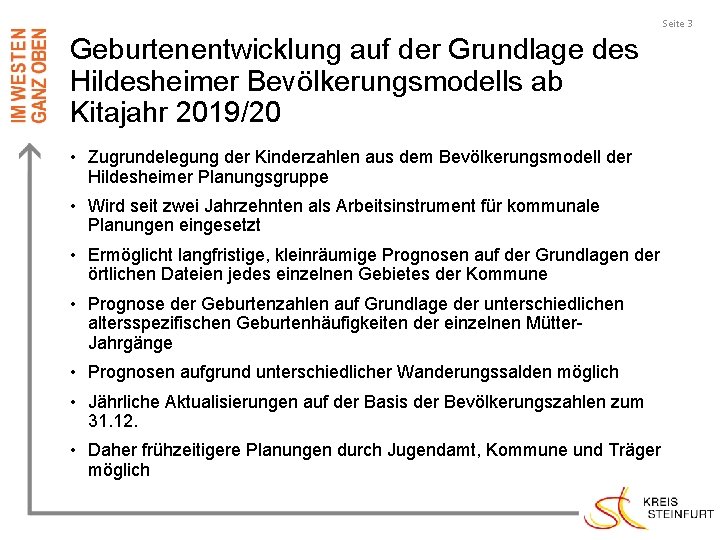Seite 3 Geburtenentwicklung auf der Grundlage des Hildesheimer Bevölkerungsmodells ab Kitajahr 2019/20 • Zugrundelegung