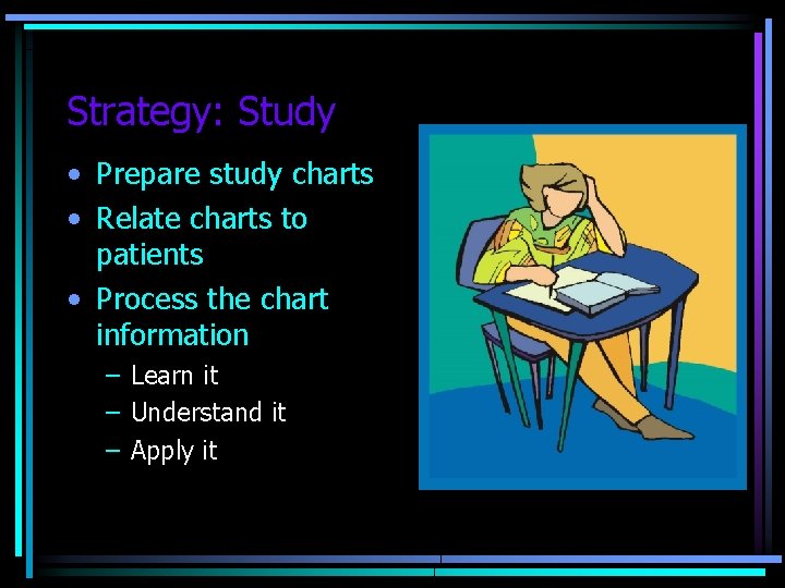 Strategy: Study • Prepare study charts • Relate charts to patients • Process the