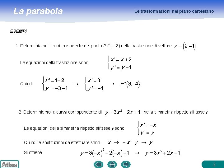 La parabola Le trasformazioni nel piano cartesiano ESEMPI 1. Determiniamo il corrisposndente del punto