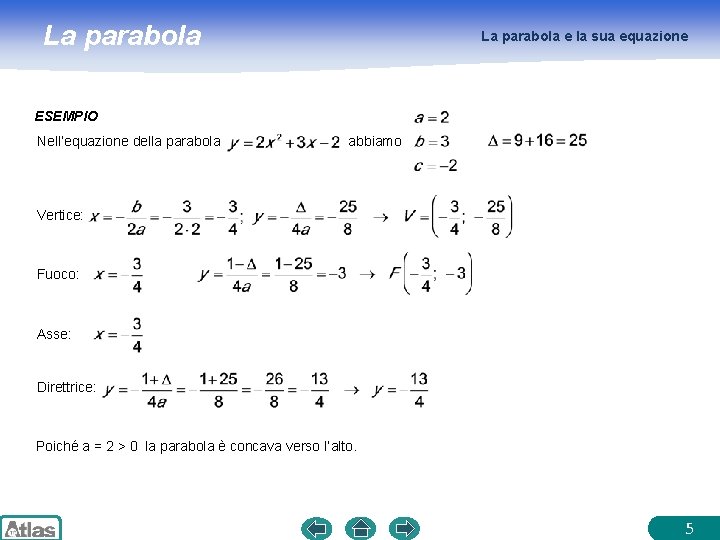 La parabola e la sua equazione ESEMPIO Nell’equazione della parabola abbiamo Vertice: Fuoco: Asse: