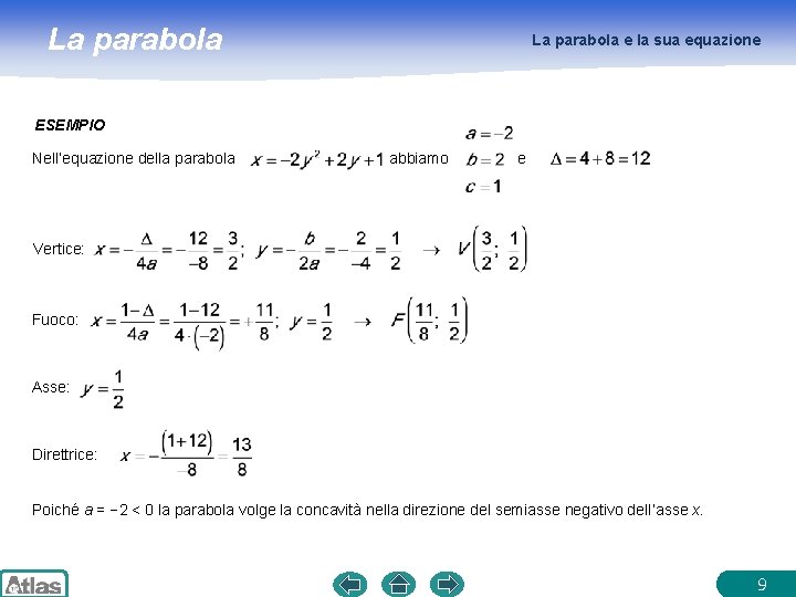 La parabola e la sua equazione ESEMPIO Nell’equazione della parabola abbiamo e Vertice: Fuoco: