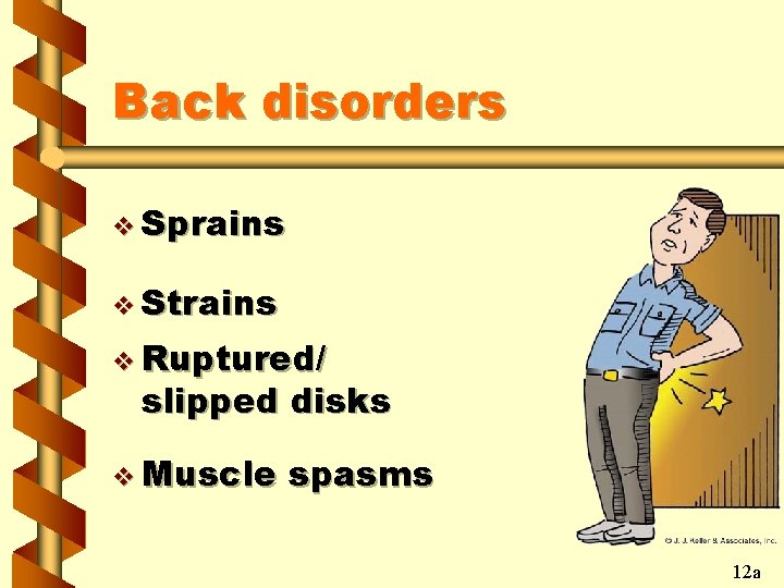Back disorders v Sprains v Strains v Ruptured/ slipped disks v Muscle spasms 12