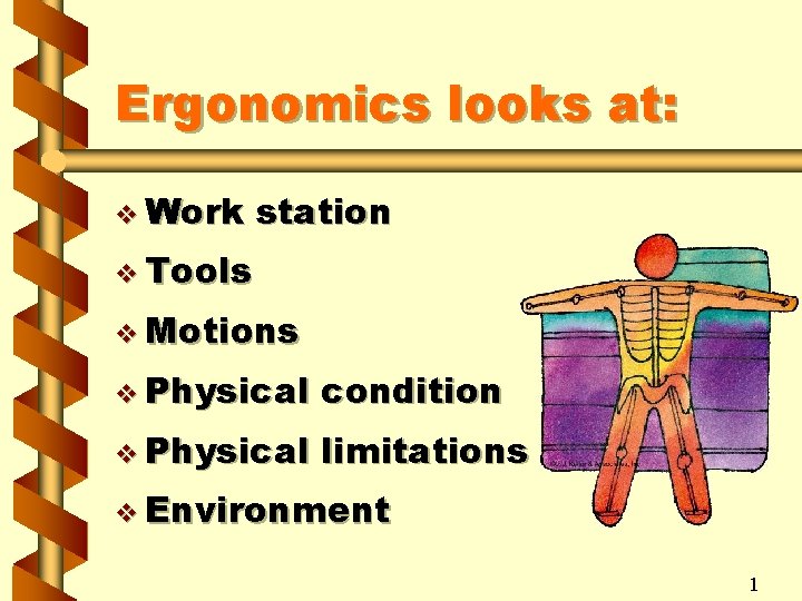 Ergonomics looks at: v Work station v Tools v Motions v Physical condition v