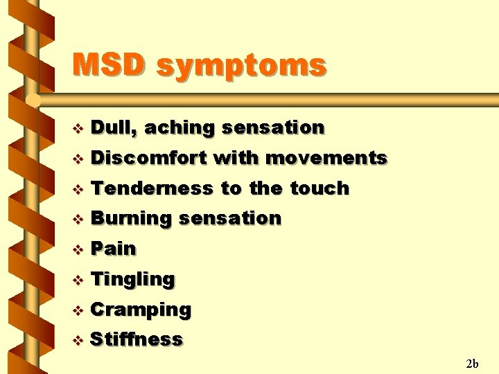 MSD symptoms v Dull, aching sensation v Discomfort with movements v Tenderness to the
