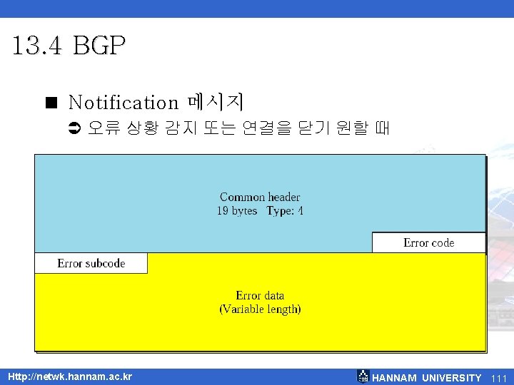13. 4 BGP < Notification 메시지 Ü 오류 상황 감지 또는 연결을 닫기 원할