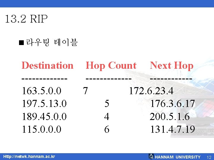 13. 2 RIP <라우팅 테이블 Destination Hop Count Next Hop ------------------163. 5. 0. 0
