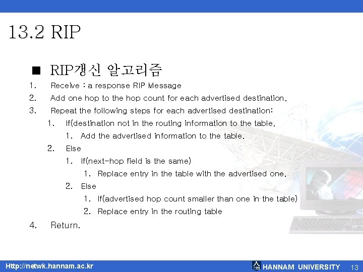 13. 2 RIP < RIP갱신 알고리즘 1. Receive : a response RIP Message 2.