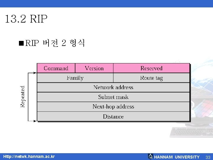 13. 2 RIP <RIP 버전 2 형식 Http: //netwk. hannam. ac. kr HANNAM UNIVERSITY