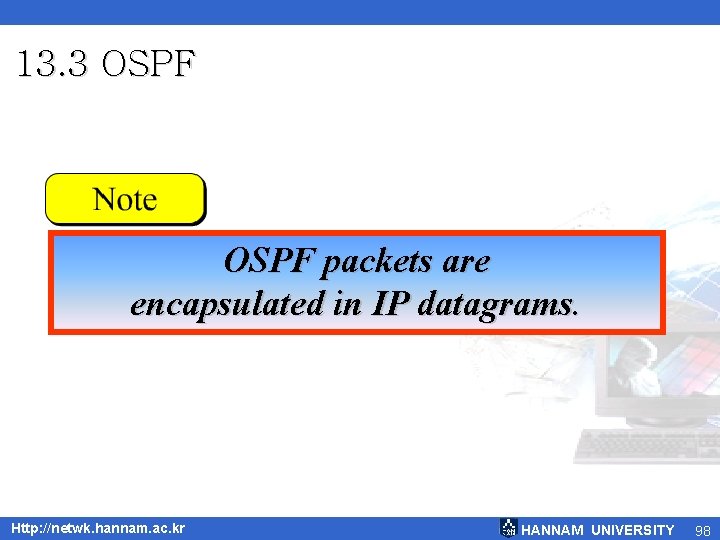 13. 3 OSPF packets are encapsulated in IP datagrams. Http: //netwk. hannam. ac. kr