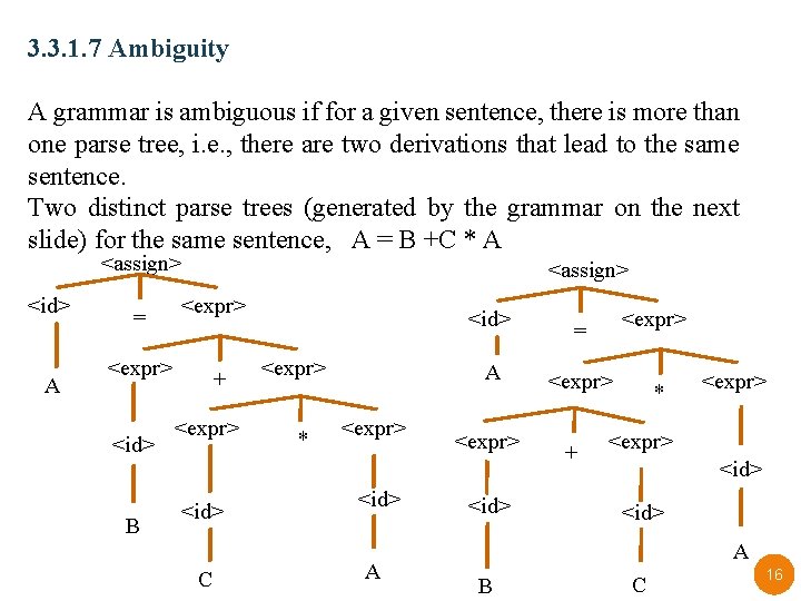 3. 3. 1. 7 Ambiguity A grammar is ambiguous if for a given sentence,
