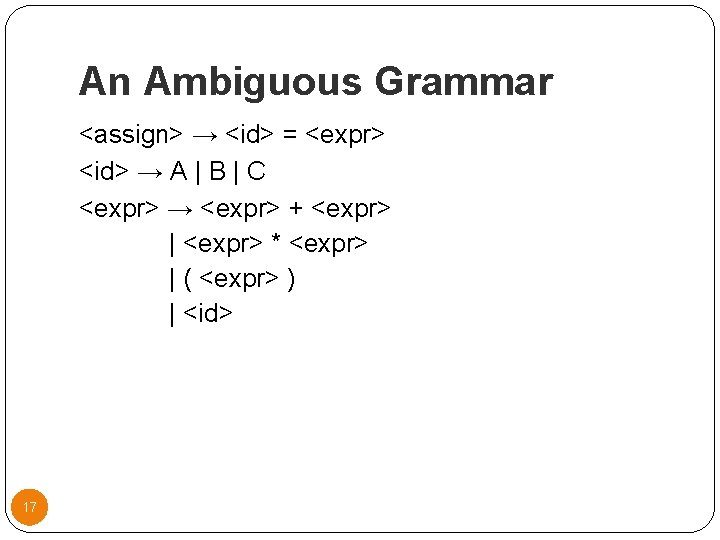 An Ambiguous Grammar <assign> → <id> = <expr> <id> → A | B |