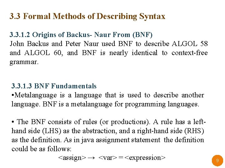 3. 3 Formal Methods of Describing Syntax 3. 3. 1. 2 Origins of Backus-