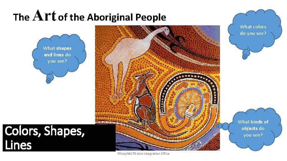 The Art of the Aboriginal People What colors do you see? What shapes and