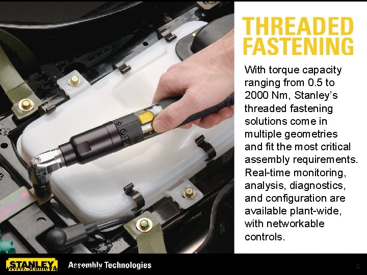 With torque capacity ranging from 0. 5 to 2000 Nm, Stanley’s threaded fastening solutions