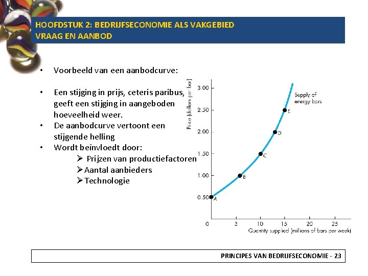 HOOFDSTUK 2: BEDRIJFSECONOMIE ALS VAKGEBIED VRAAG EN AANBOD • Voorbeeld van een aanbodcurve: •