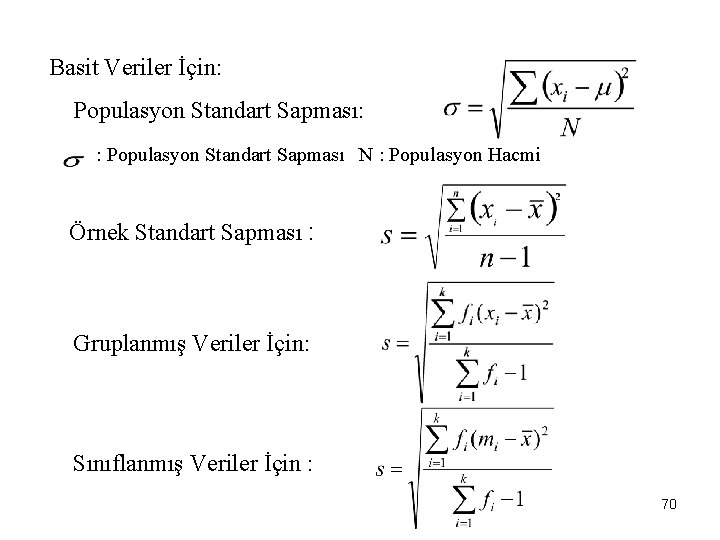 Basit Veriler İçin: Populasyon Standart Sapması: : Populasyon Standart Sapması N : Populasyon Hacmi