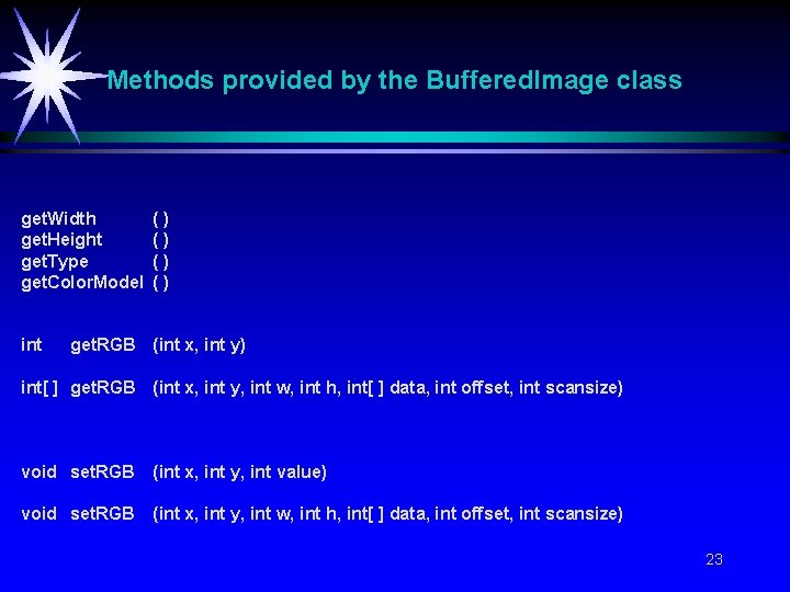 Methods provided by the Buffered. Image class get. Width get. Height get. Type get.
