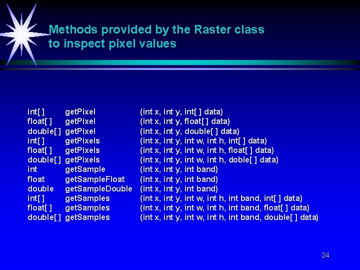 Methods provided by the Raster class to inspect pixel values int[ ] float[ ]