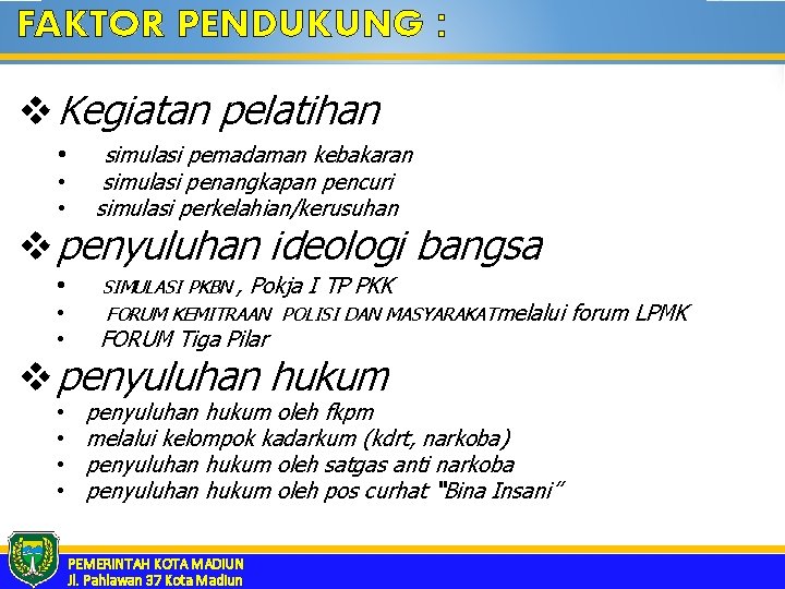 FAKTOR PENDUKUNG : v Kegiatan pelatihan • • • simulasi pemadaman kebakaran simulasi penangkapan