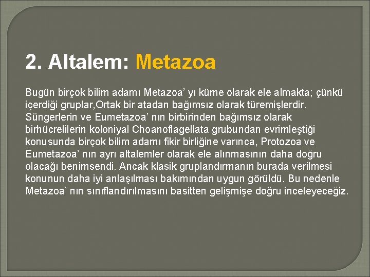 2. Altalem: Metazoa Bugün birçok bilim adamı Metazoa’ yı küme olarak ele almakta; çünkü