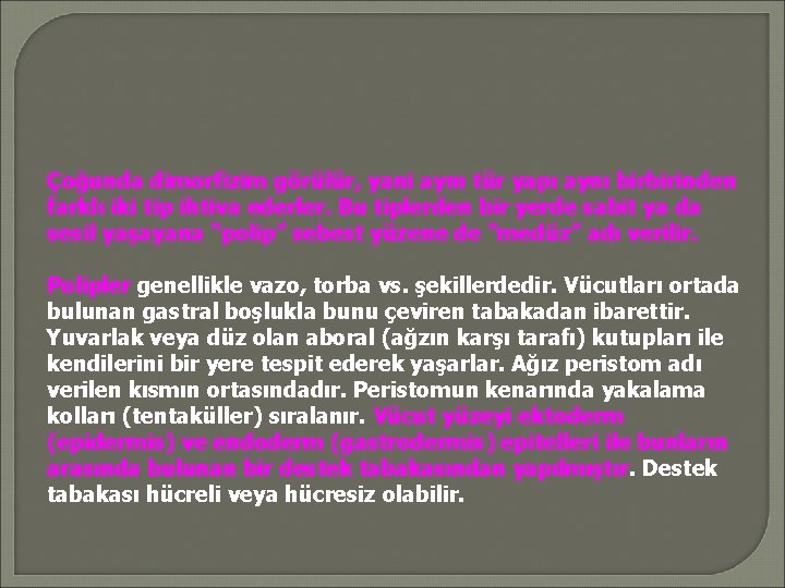 Çoğunda dimorfizim görülür, yani aynı tür yapı aynı birbirinden farklı iki tip ihtiva ederler.