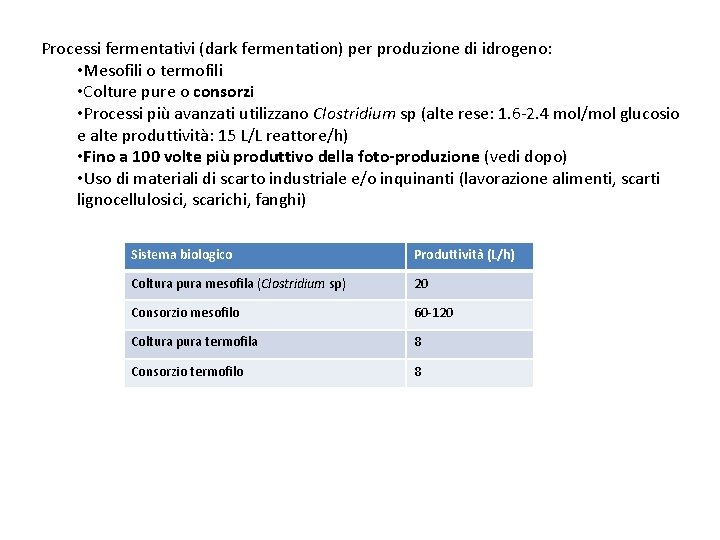 Processi fermentativi (dark fermentation) per produzione di idrogeno: • Mesofili o termofili • Colture Processi fermentativi (dark fermentation) per produzione di idrogeno: • Mesofili o termofili • Colture