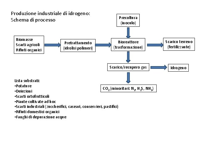 Produzione industriale di idrogeno: Schema di processo Biomasse Scarti agricoli Rifiuti organici Pretrattamento (idrolisi