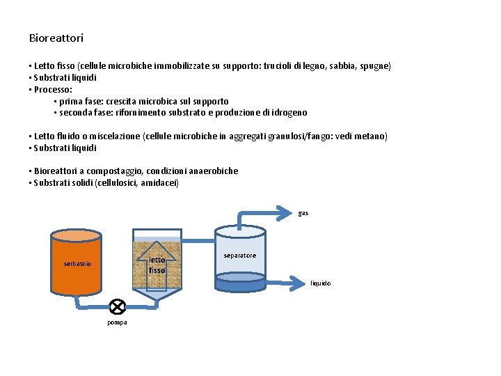 Bioreattori • Letto fisso (cellule microbiche immobilizzate su supporto: trucioli di legno, sabbia, spugne)