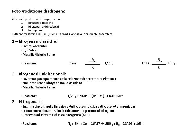 Fotoproduzione di idrogeno Gli enzimi produttori di idrogeno sono: 1. Idrogenasi classiche 2. Idrogenasi