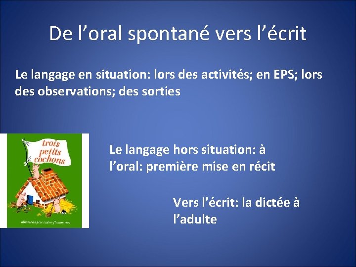 De l’oral spontané vers l’écrit Le langage en situation: lors des activités; en EPS;