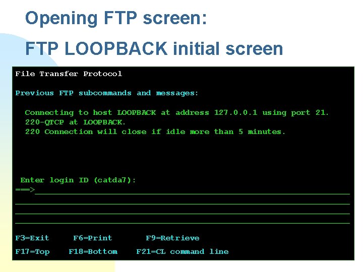 Opening FTP screen: FTP LOOPBACK initial screen File Transfer Protocol Previous FTP subcommands and