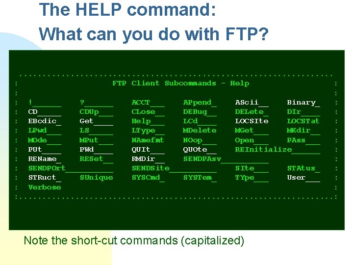 The HELP command: What can you do with FTP? . . . . :