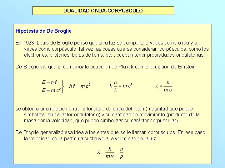 DUALIDAD ONDA-CORPÚSCULO Hipótesis de De Broglie En 1923, Louis de Broglie pensó que si